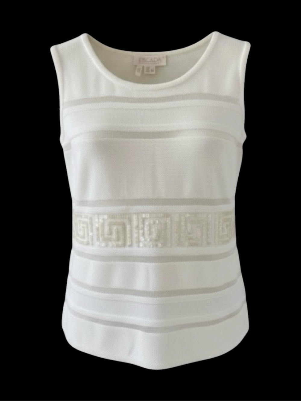 Escada Winter White Sleeveless Knit Sweater Sequined Greek Key Size Small